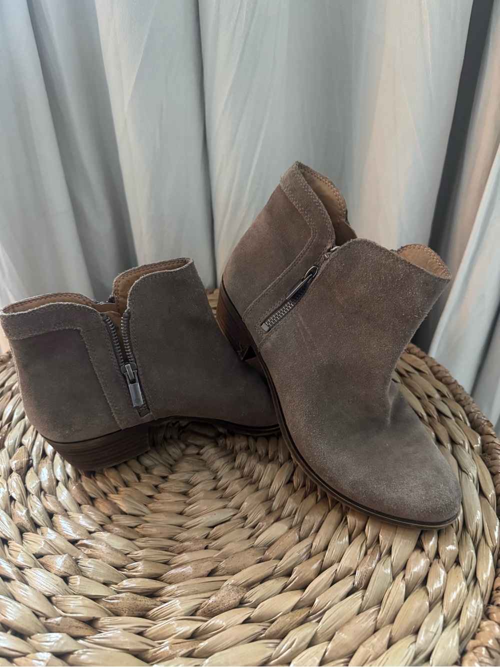 Lucky Brand Taupe Suede Ankle Booties with Side Zip